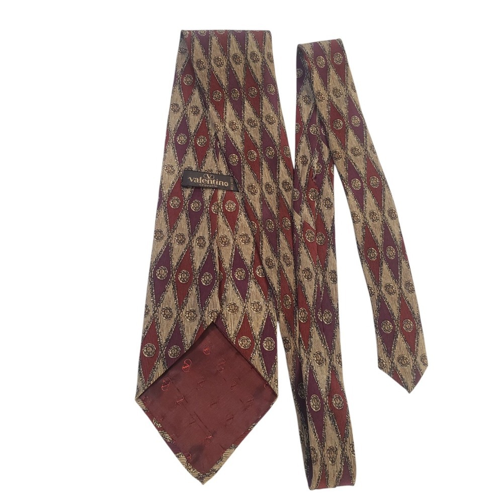 Valentino Mens Tie Necktie Designer Luxury Tan Red Purple Argyle Business Church